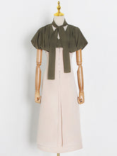 Original V-Neck Ribbon Tops&Empire Slim Fit U-Skirt